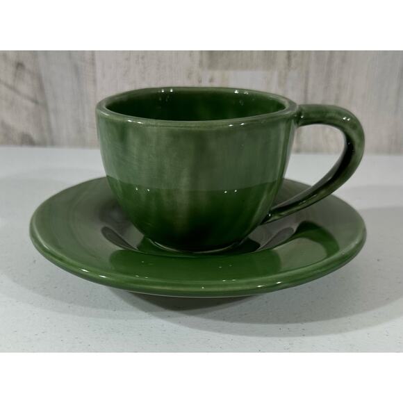 Pottery Barn Sausalito Moss Green Flat Cup & Saucer Set Hand-painted READ - Picture 1 of 8